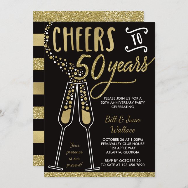 Invitation pour les 50 ans de mariage, Faux Glitte (Devant / Derrière)