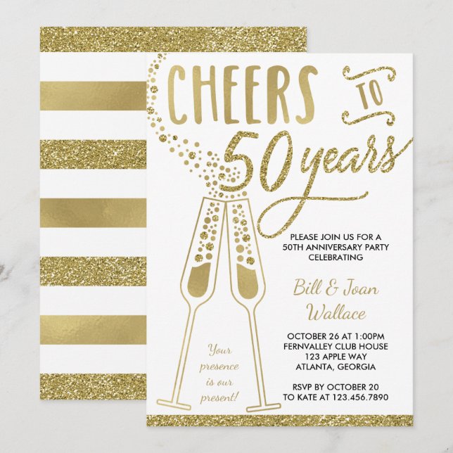 Invitation pour les 50 ans de mariage, Faux Glitte (Devant / Derrière)