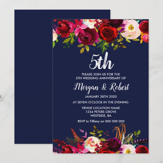 Invitation pour les 5 ans de mariage Fleurs Bleu M (Devant / Derrière)