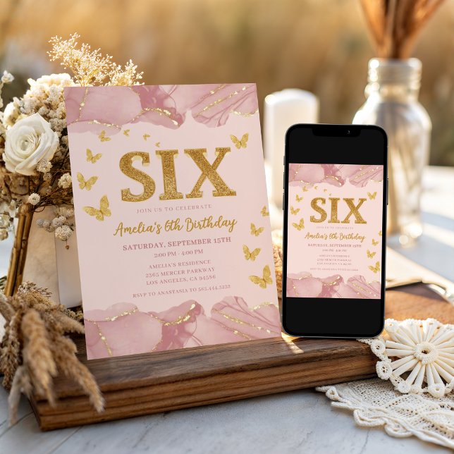 Invitation pour les 6 ans Fille Paillettes Rose Or (Créateur téléchargé)