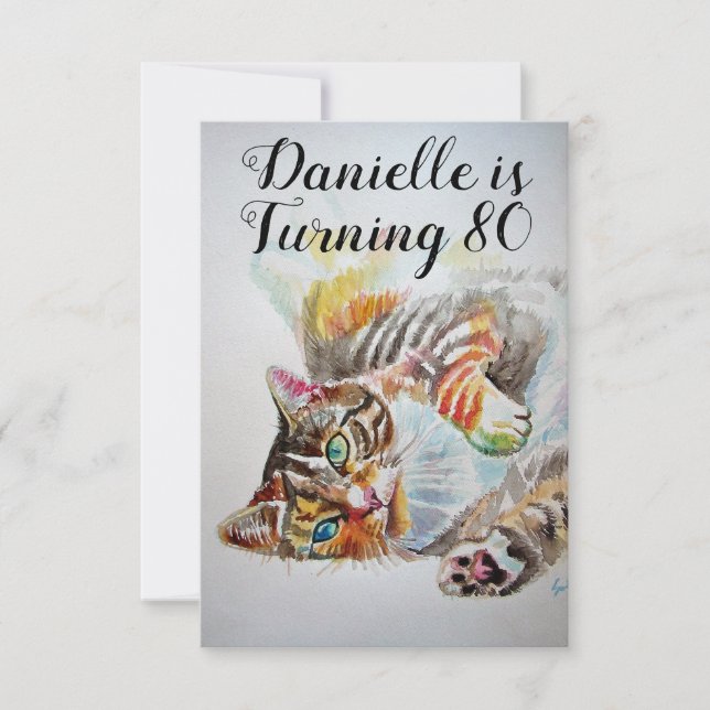 Invitation pour les 80 ans d'une femme, chat tigré (Devant)