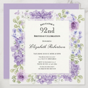 Invitation pour les 92 ans Élégantes Fleurs Violet