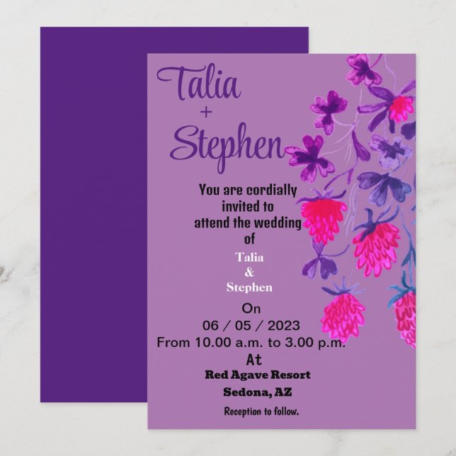 Invitation pour mariage violet (Devant / Derrière)