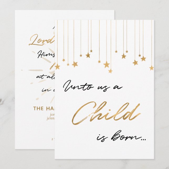 Invitation Pour nous un enfant naît Noël d'or manuscrit (Devant / Derrière)