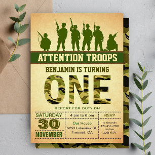 Invitation pour un premier anniversaire avec camou