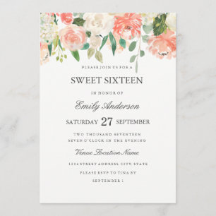Invitation pour un Sweet Sixteen à l'aquarelle flo