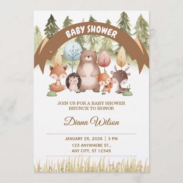 Invitation pour une Baby Shower en Forêt de Bois (Devant)