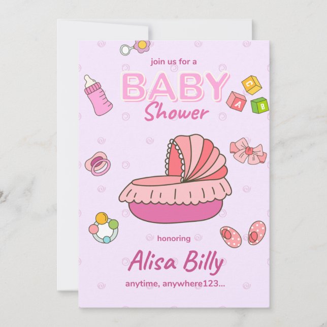 Invitation pour une baby shower fille, rose (Devant)