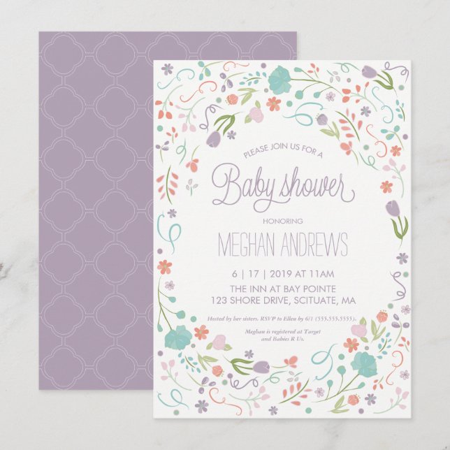 Invitation pour une Baby Shower - Fleurs jolies, F (Devant / Derrière)