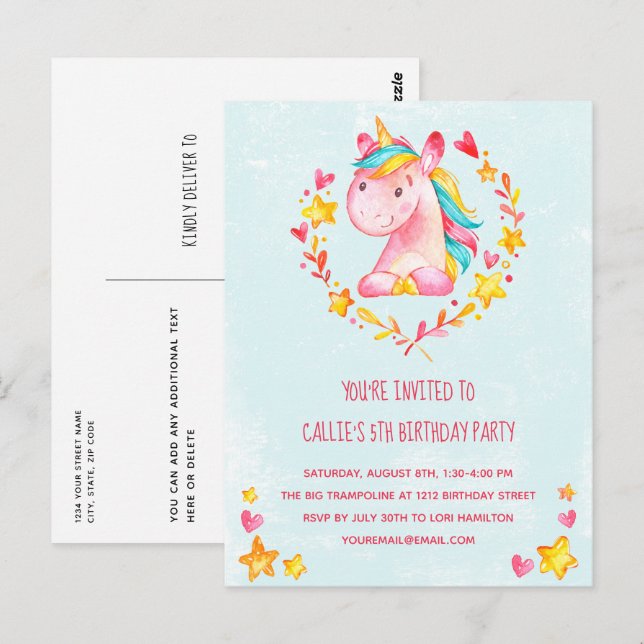Invitation pour une fête d'anniversaire licorne ro (Devant / Derrière)