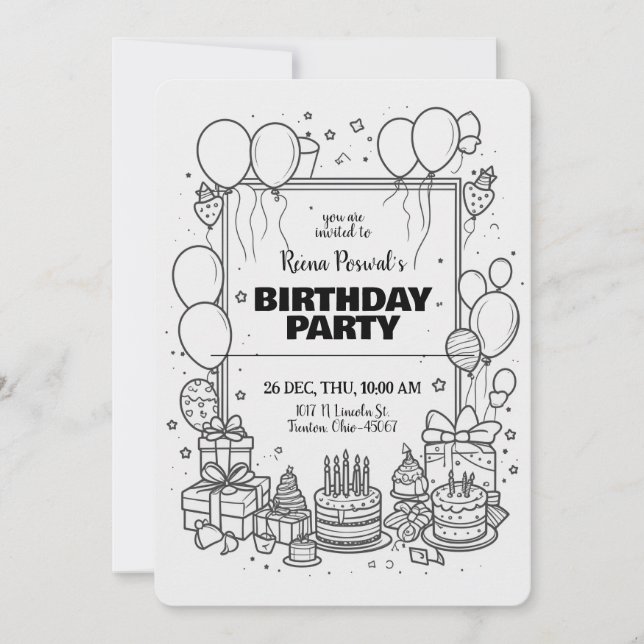 Invitation pour une fête d'anniversaire noir et bl (Devant)