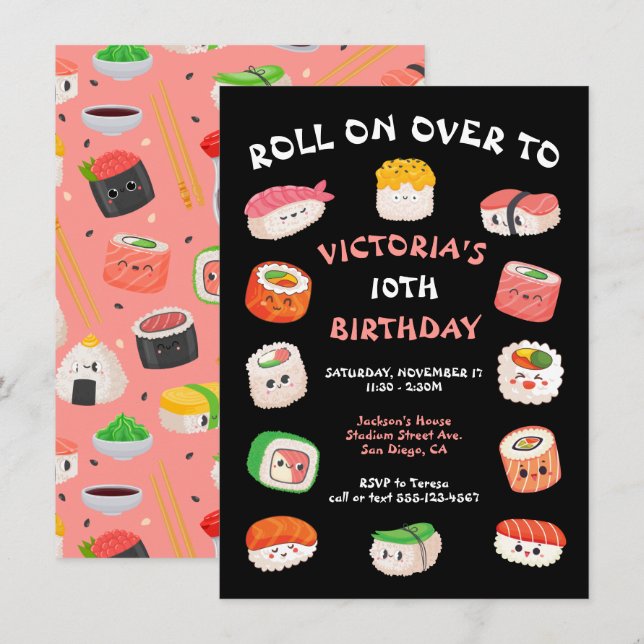 Invitation pour une fête d'anniversaire Sushi Part (Devant / Derrière)