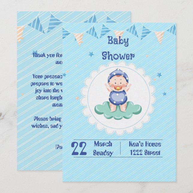 Invitation pour une fête de bébé garçon adorable (Devant / Derrière)