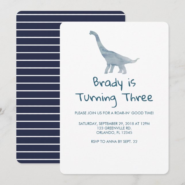 Invitation pour une fête de dinosaures à rayure bl (Devant / Derrière)