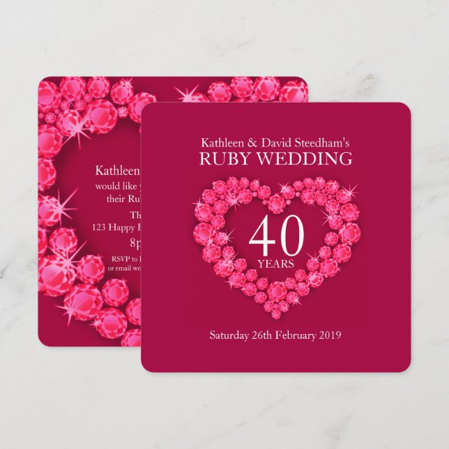 Invitation pour une fête de mariage rubis coeur 40 (Devant / Derrière)