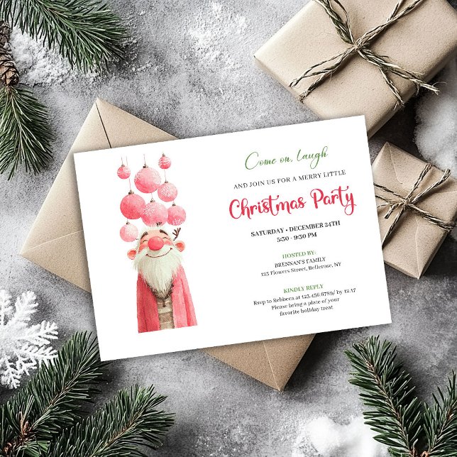 Invitation pour une fête de Noël avec un père Noël (Whimsical pink santa Christmas party invitation hand drawn

)