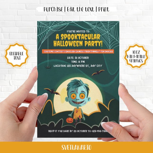 Invitation pour une fête d'Halloween avec un joli  (Cute Zombie Boy Halloween Party Invitation)