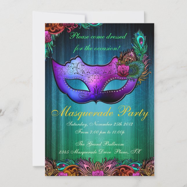Invitation pour une fête masquée avec un paon (Devant)