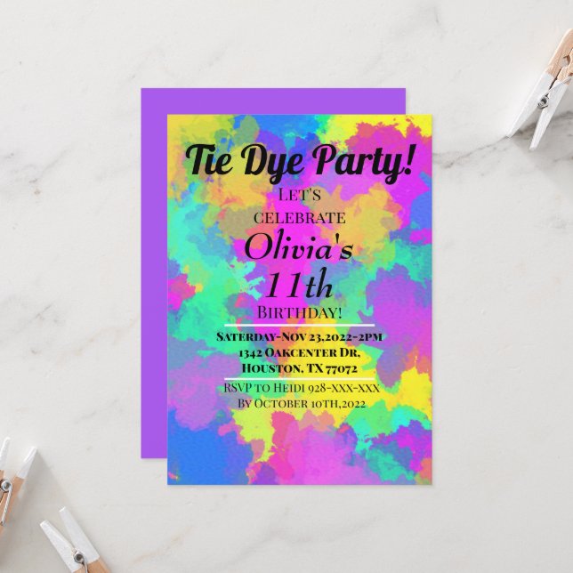 Invitation pour une fête Tie Dye Hippy (Devant/Arrière en situation)