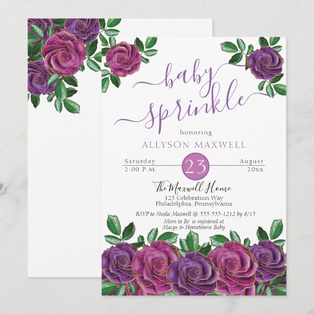 Invitation Pourpre | Aquarelle Magenta Floral Baby Sprinkel (Devant / Derrière)