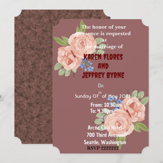 Invitation Pourpre avec rose (Devant / Derrière)