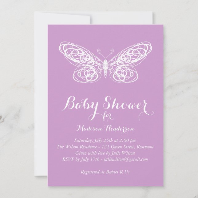 Invitation pourpre de baby shower de papillon (Devant)
