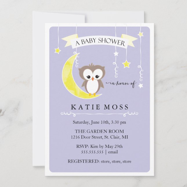 Invitation pourpre de baby shower du petit hibou | (Devant)