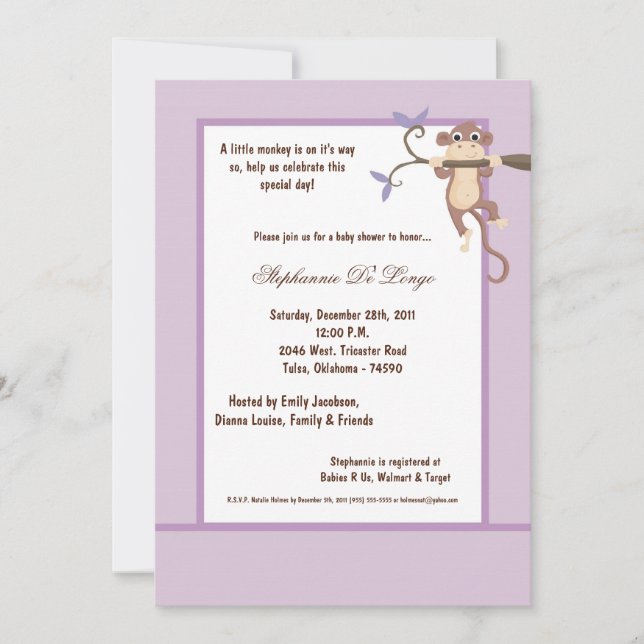 invitation pourpre de baby shower du singe 5x7 (Devant)