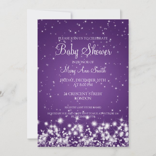 Invitation Pourpre élégant d'étincelle d'hiver de baby shower (Devant)