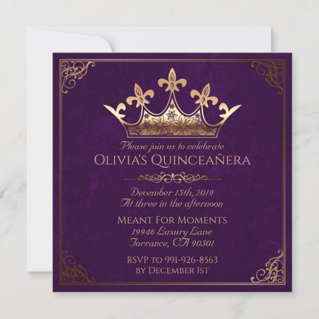 Invitation Pourpre et or Quinceanera royal (Devant)