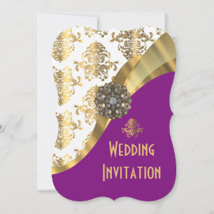 Invitation Pourpre foncé de luxe et or mariage damassé
