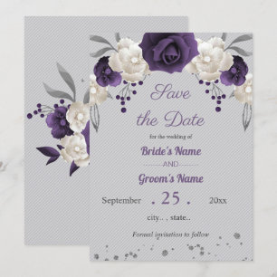 Invitation pourpre poussiéreux et fleurs blanches gris enregi