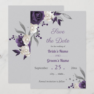 Invitation pourpre poussiéreux et fleurs blanches gris enregi