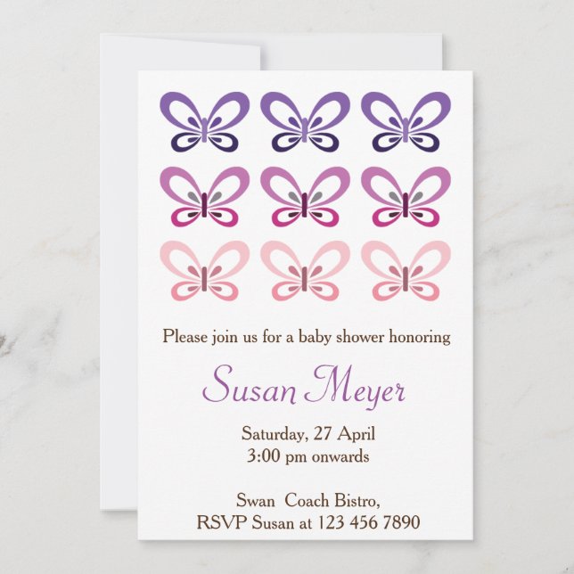 Invitation pourpre rose de Babyshower de papillon (Devant)
