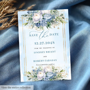 Invitation Pousses de Pivoines Bleu Poussiéreux Blanc Or Roma