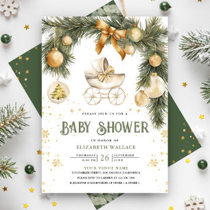 Invitation Poussette Bohème Rustique Noël Bébé Hiver