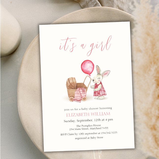 Invitation Poussette Bunny Balloon Baby shower fille (Stroller Bunny Balloon Girl Baby Shower Invitation)