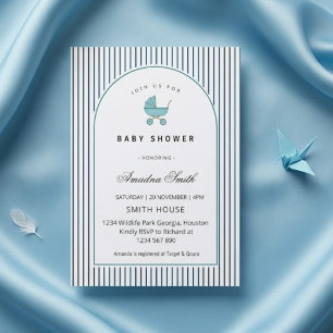 Invitation Poussette rayures bleues moderne et minimaliste po