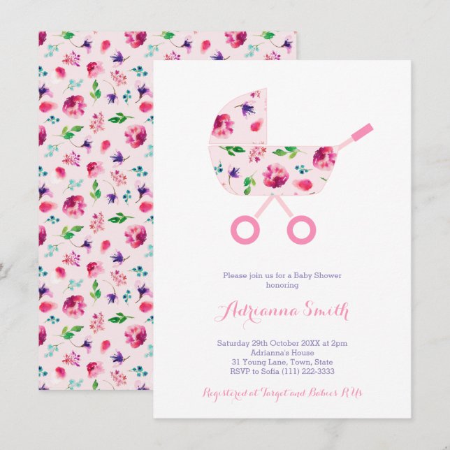 Invitation Poussette Rose Pour Baby shower Floral Fille (Devant / Derrière)