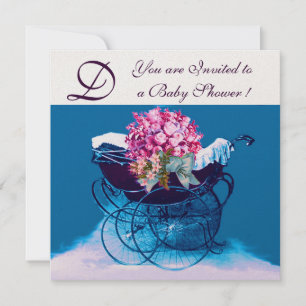 Invitation Poussette vintage avec fleurs baptême bébé monogra