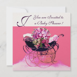 Invitation Poussette vintage avec fleurs baptême bébé monogra