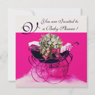 Invitation Poussette vintage avec fleurs baptême bébé monogra
