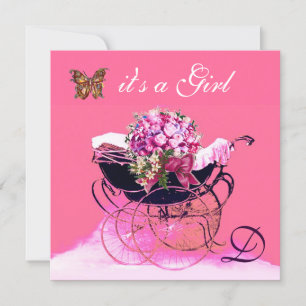 Invitation Poussette vintage avec fleurs, papillons Baby Show