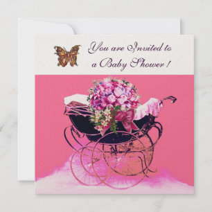 Invitation Poussette vintage avec fleurs, papillons Baby Show