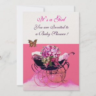 Invitation Poussette vintage avec fleurs, papillons Baby Show