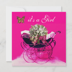 Invitation Poussette vintage avec fleurs, papillons Baby Show