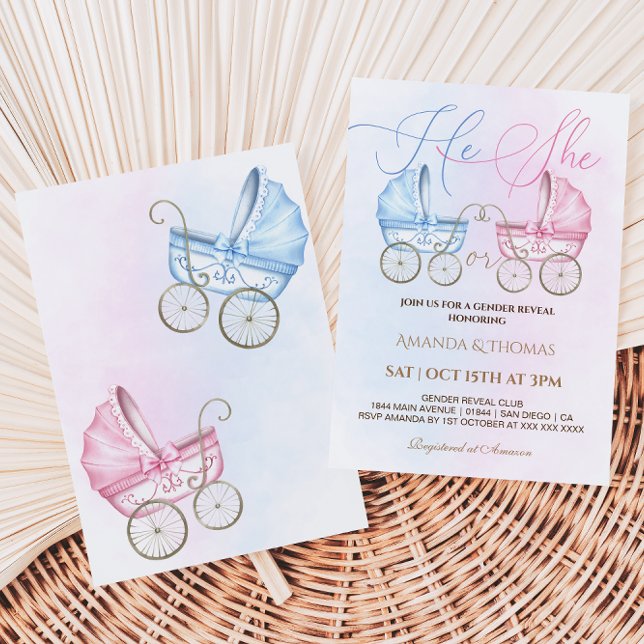 Invitation Poussettes pour bébés Révélation de genre rose et  (Créateur téléchargé)