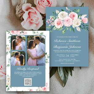 Invitation Poussière de mariage à code QR bleu floral rose ro