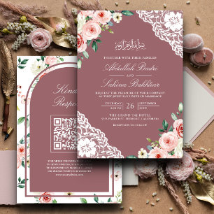Invitation Poussière de rose en dentelle florale rose Code QR