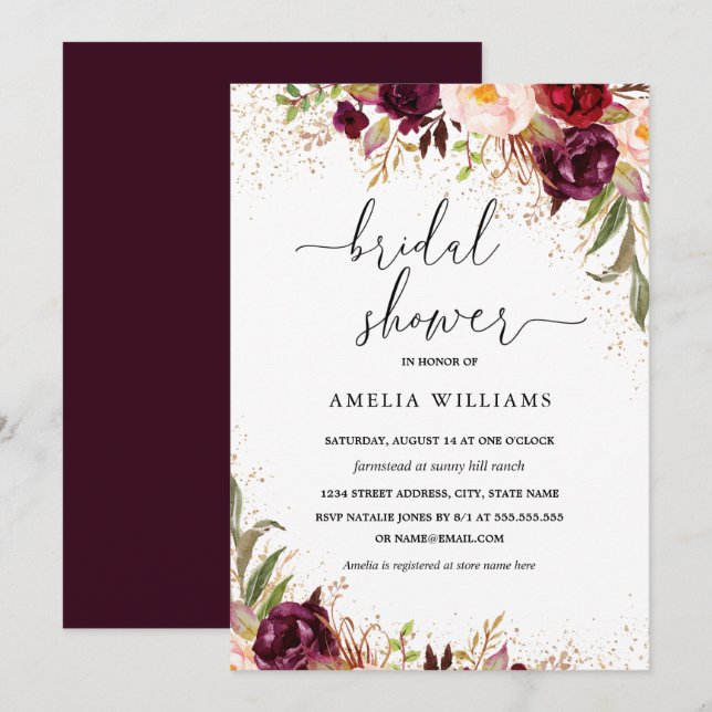 Invitation Poussière d'or Fête des mariées florale Bourgogne (Devant / Derrière)